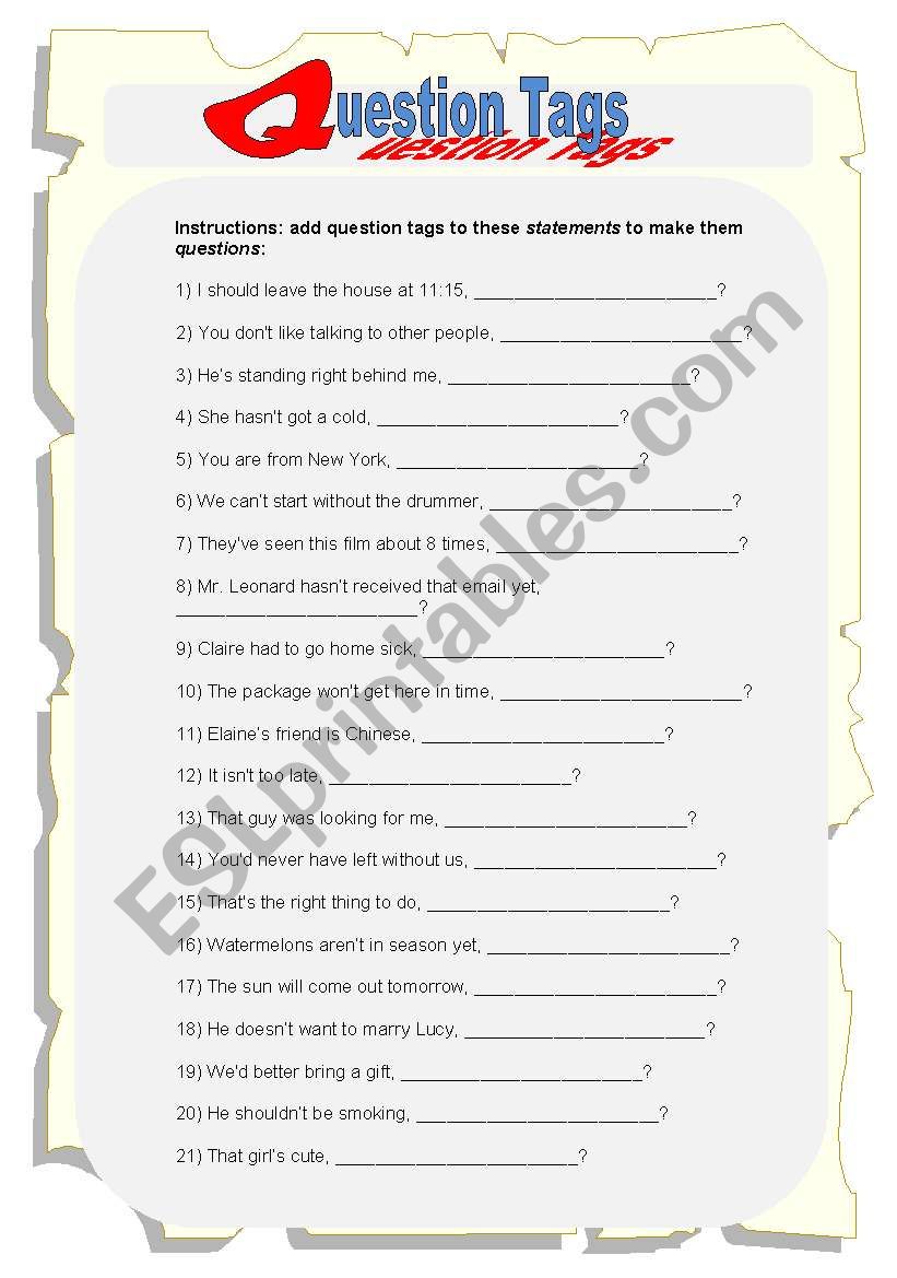 Question Tags Worksheet worksheet