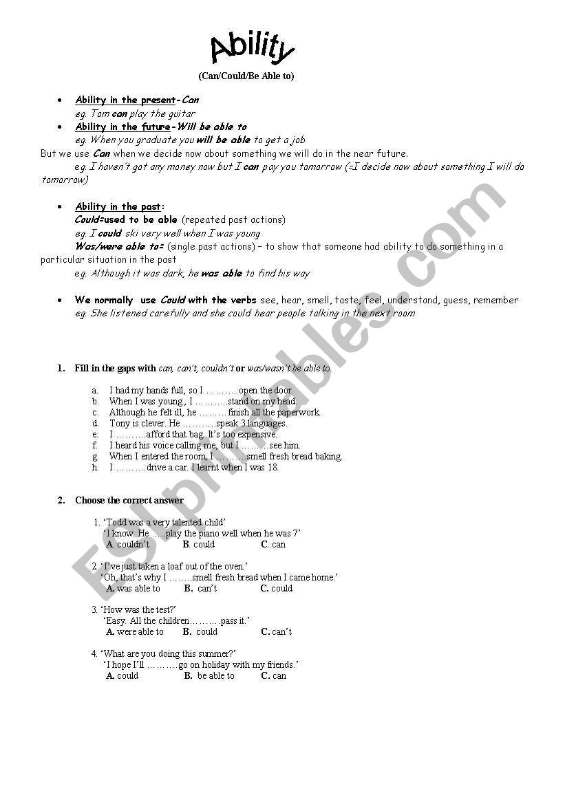 Ability with can (grammar worksheet)