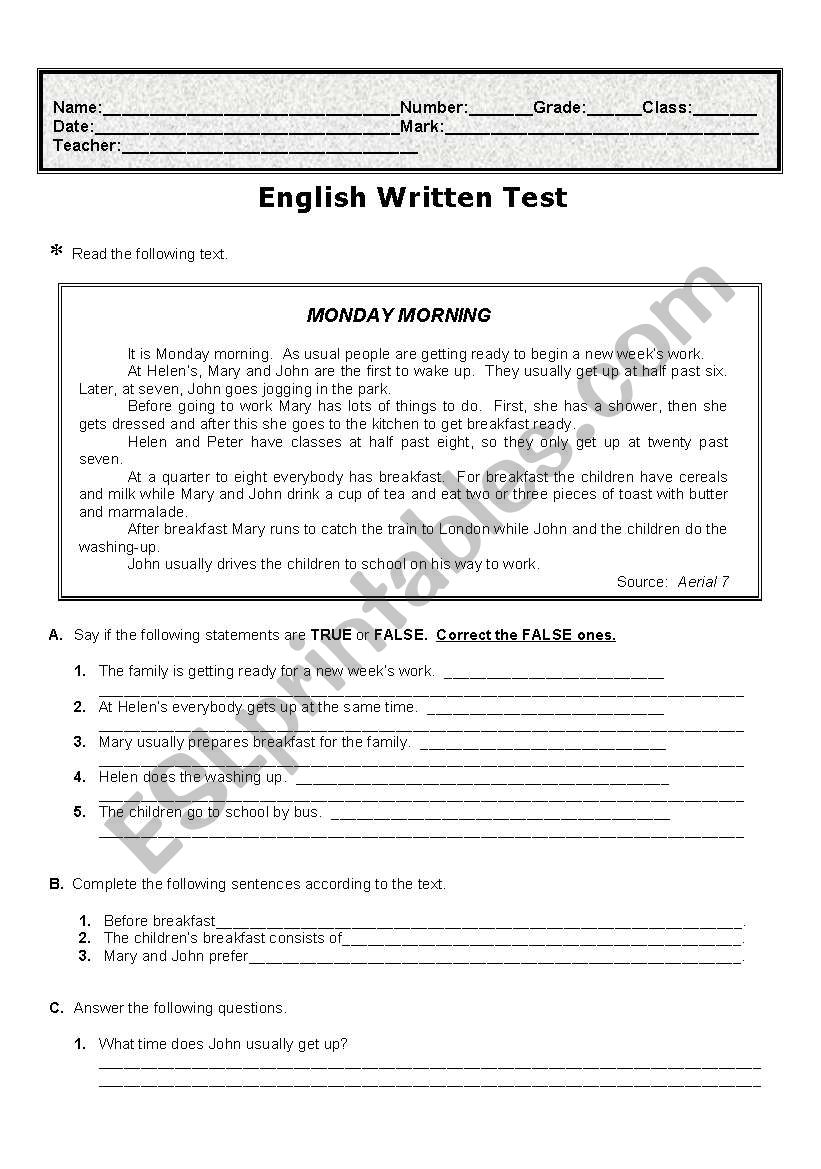 Test on daily routine worksheet