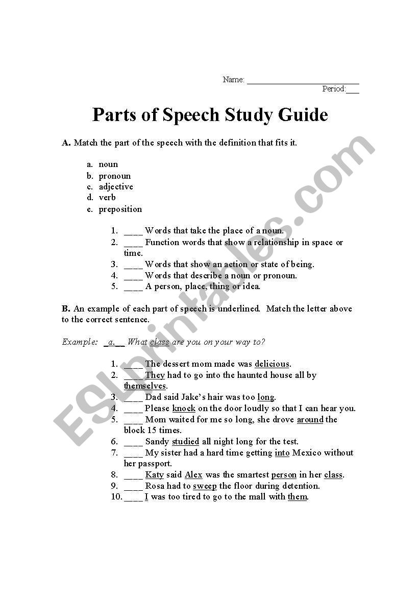 Parts of Speech Study Guide worksheet