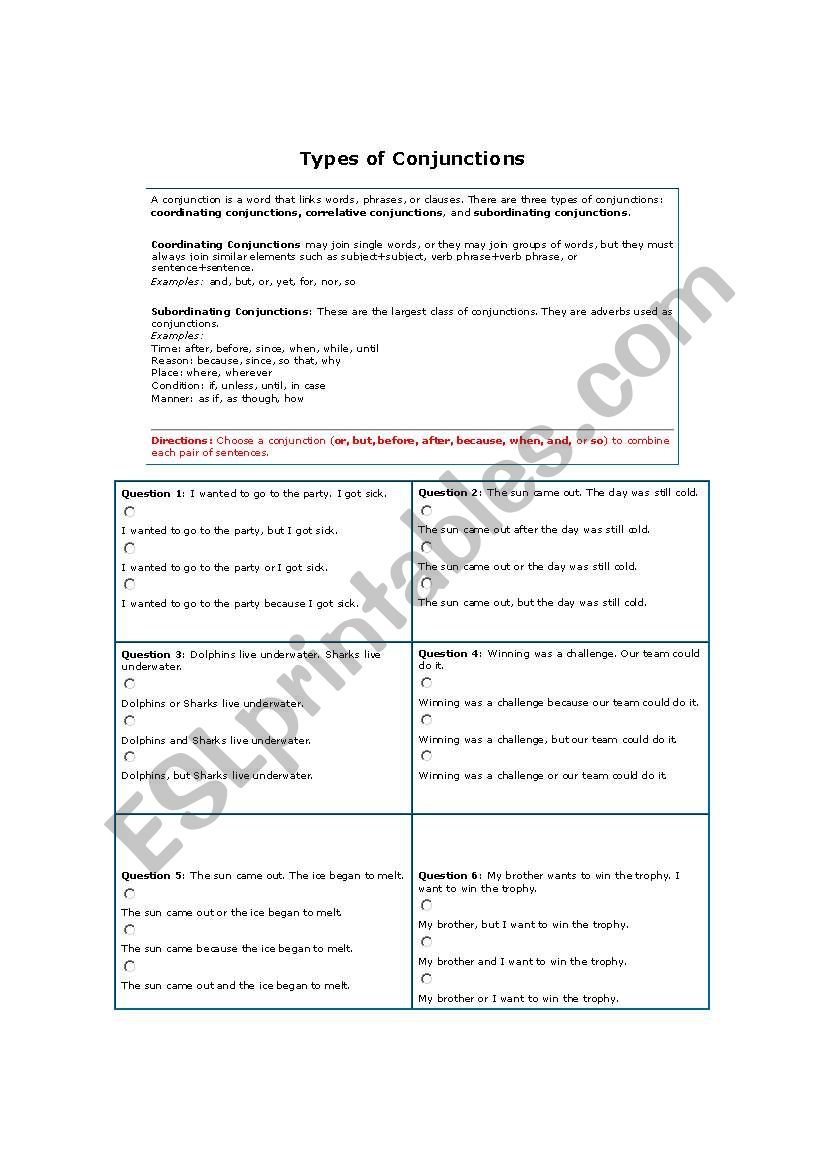 Types of Conjunctions worksheet