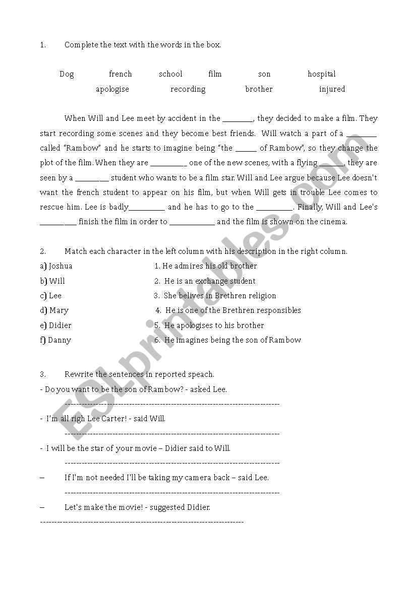 Son of Rambow worksheet