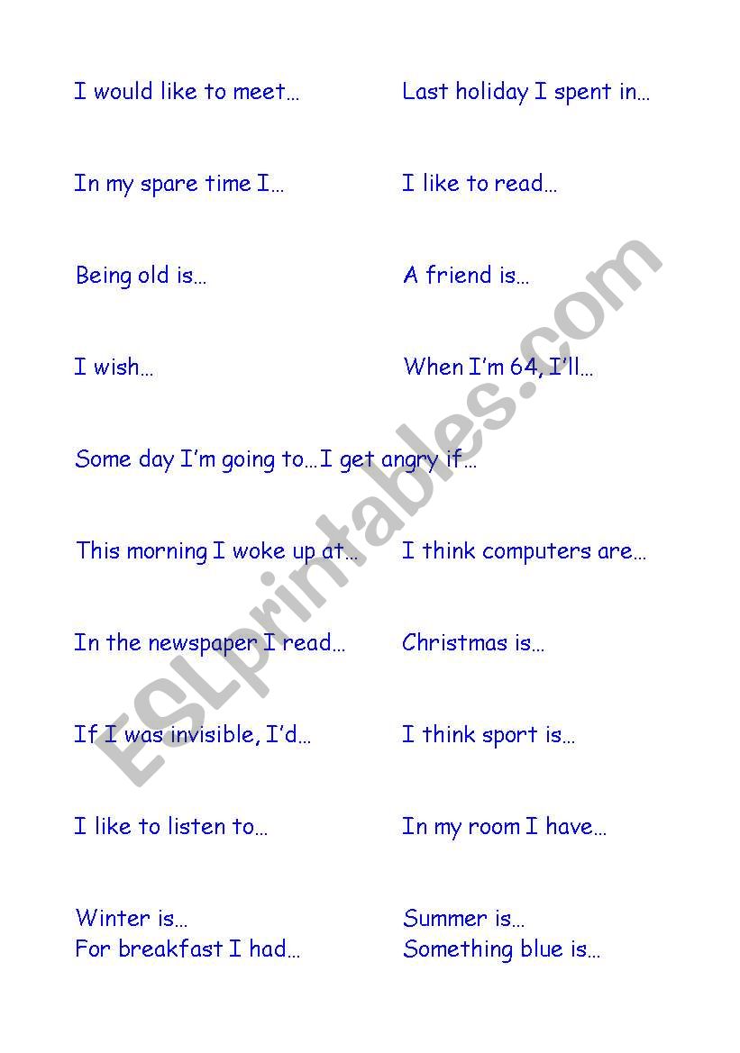 Sentences starters worksheet