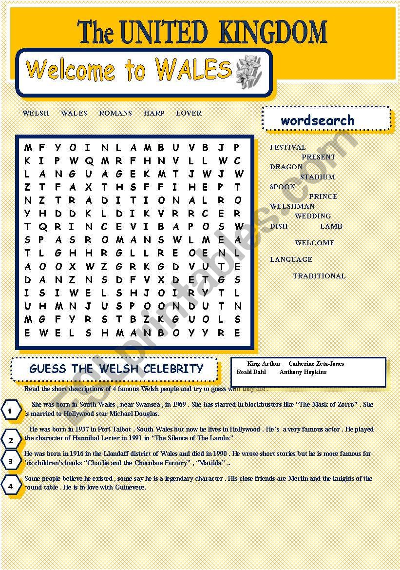 UNITED KINGDOM - Welcome to Wales - wordsearch