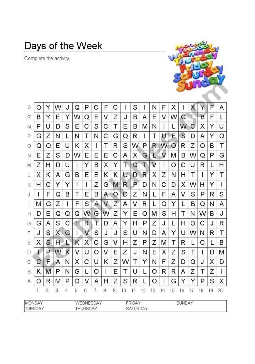 days of the week word search worksheet