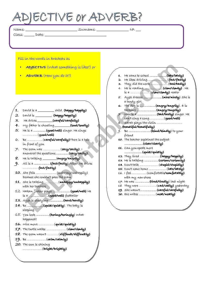 adjective or adverb? worksheet