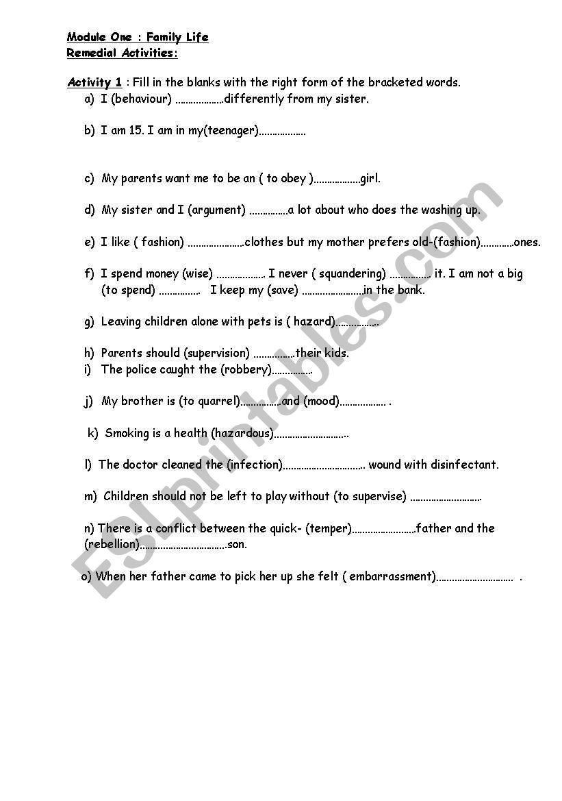 Module 1: Family life (Remedial Work) 