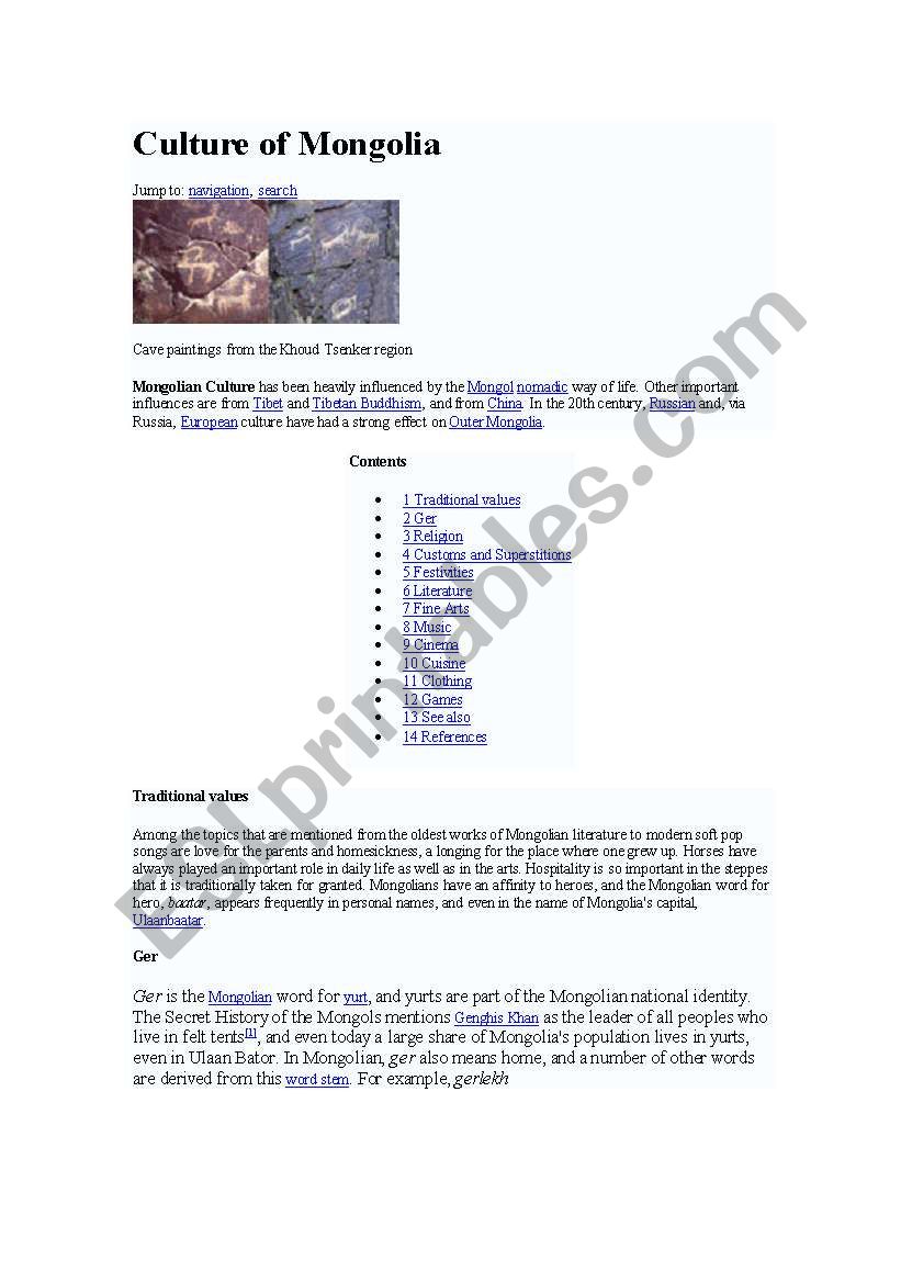 about mongolian culture  worksheet