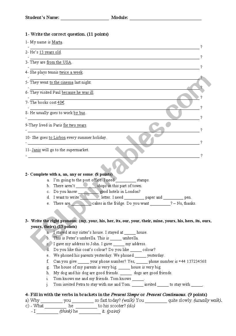 Level Test worksheet