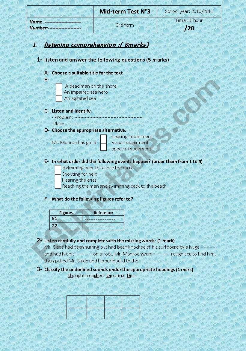 Mid-Term Test 3rd form Tunisian students