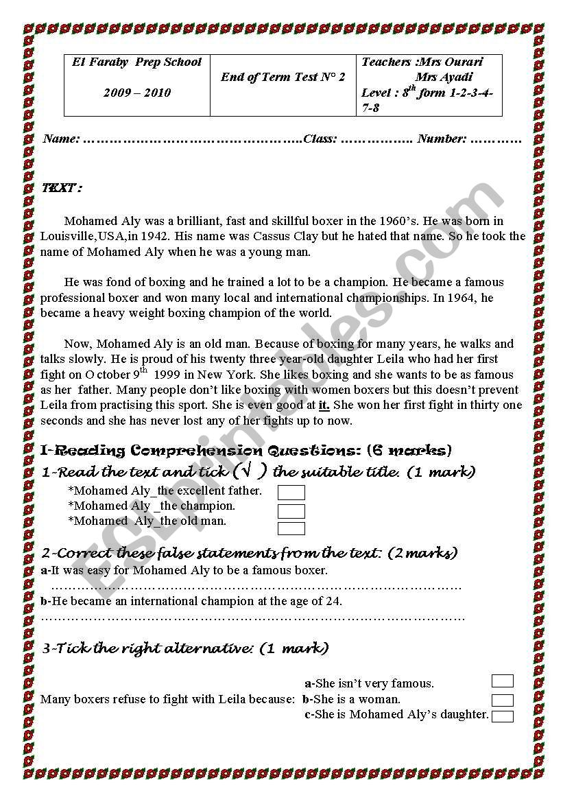 End of term test worksheet