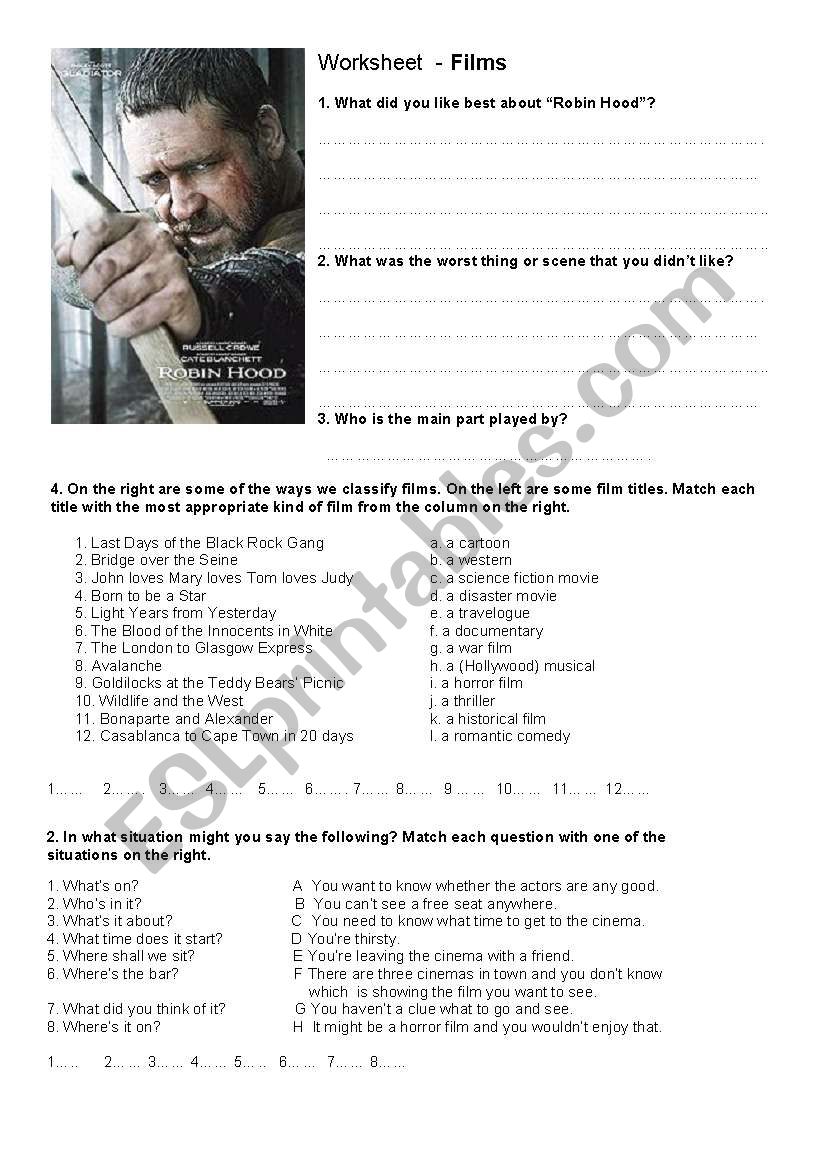 Robin Hood - types of films worksheet