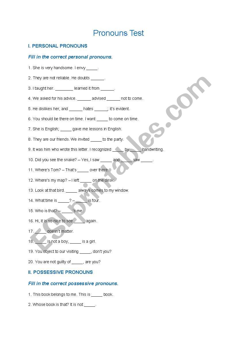 pronouns test worksheet