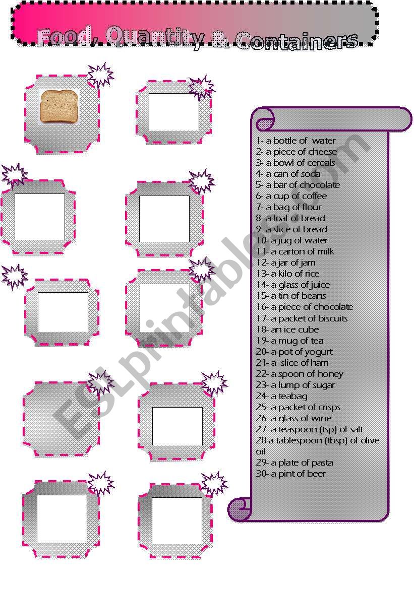 Food Quantity & Containers worksheet