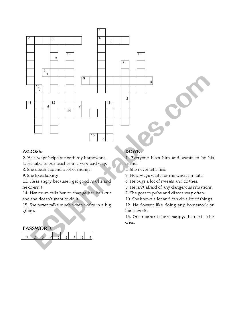 Personality crossword worksheet