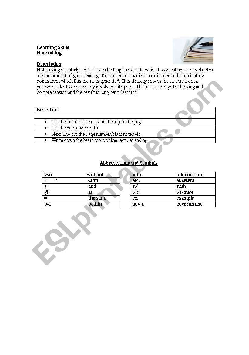 notetaking worksheet