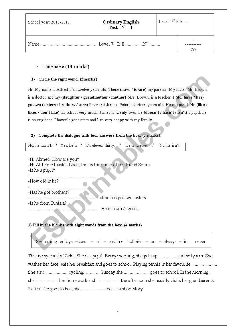 the first test in the first term for 7basic education form