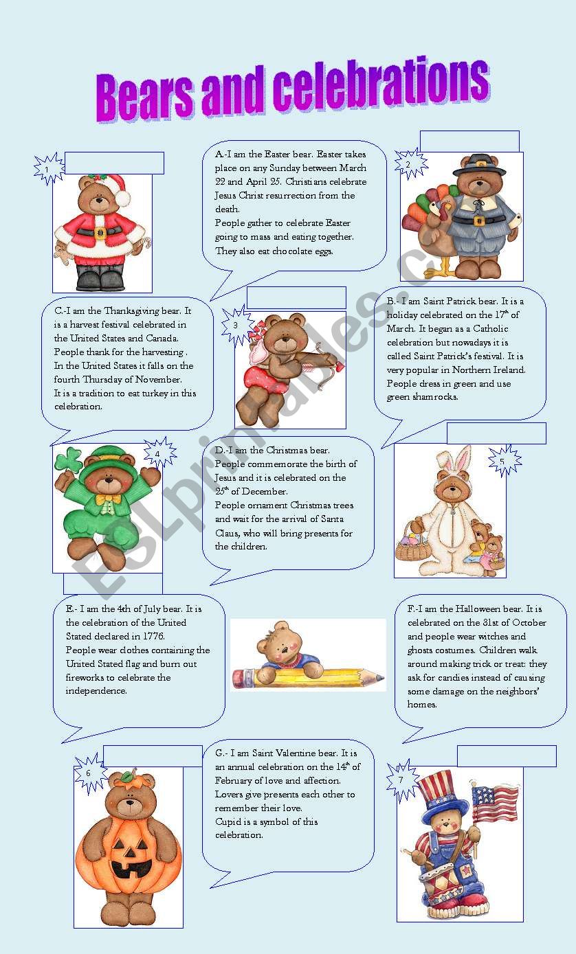 Bears and celebrations worksheet