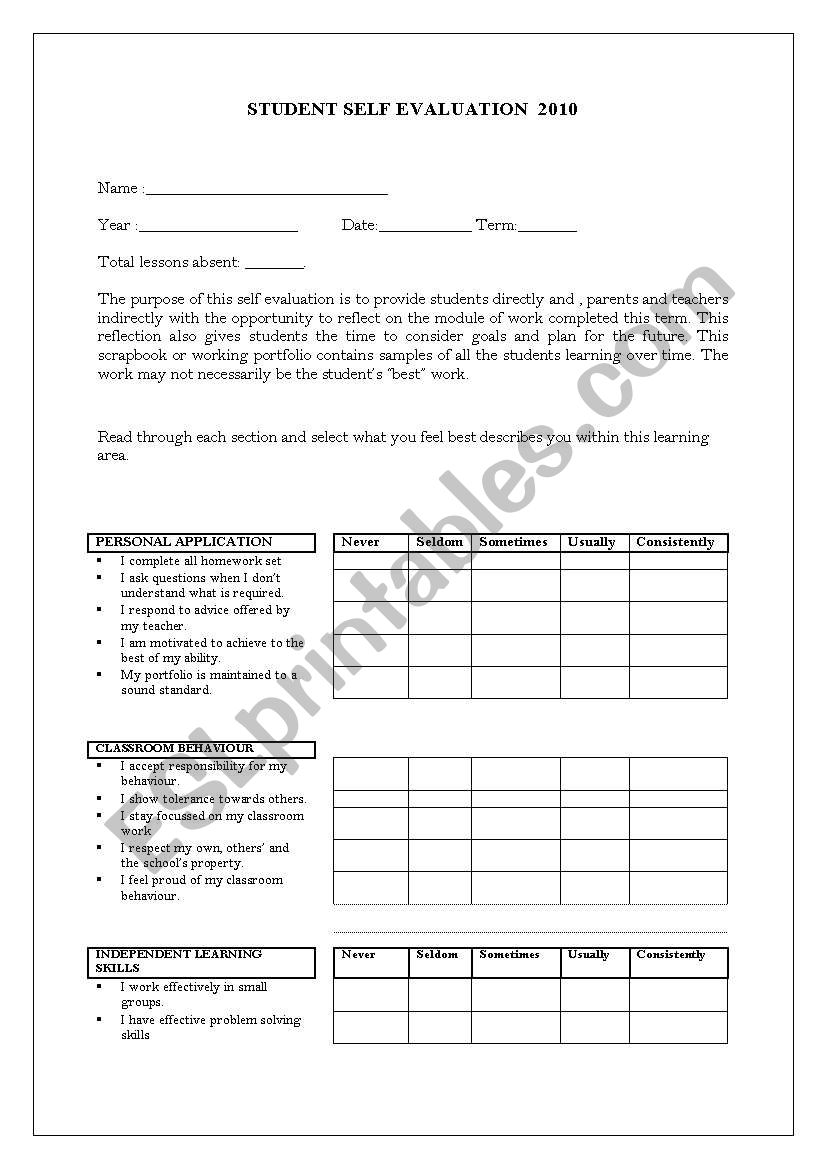 Student Self Evaluation worksheet