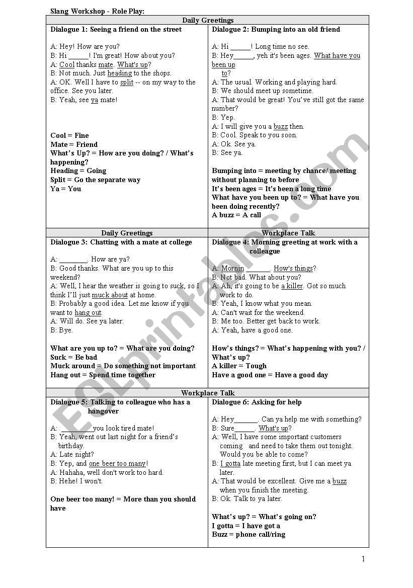 Slang Role Play Esl Worksheet By Hansypansy