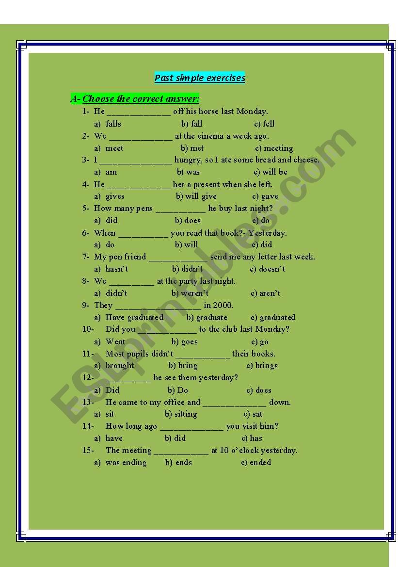 past simple tense exercises worksheet