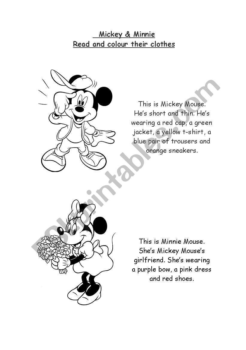 Clothes: Mickey & Minnie. Read and colour.