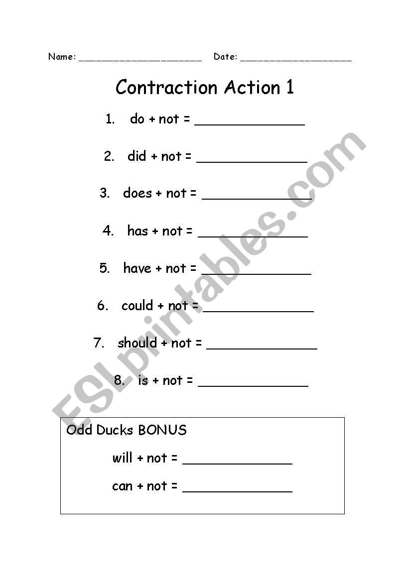Contraction Action worksheet