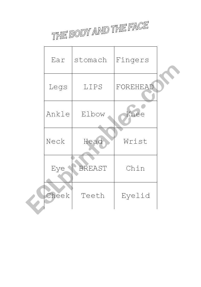 BINGO ABOUTH HUMAN BODY worksheet