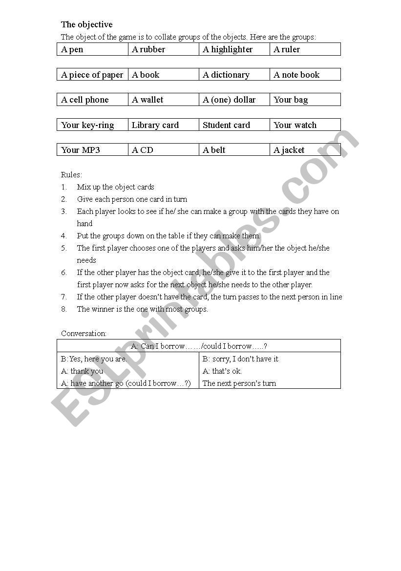 can i borrow...class game objective sheet