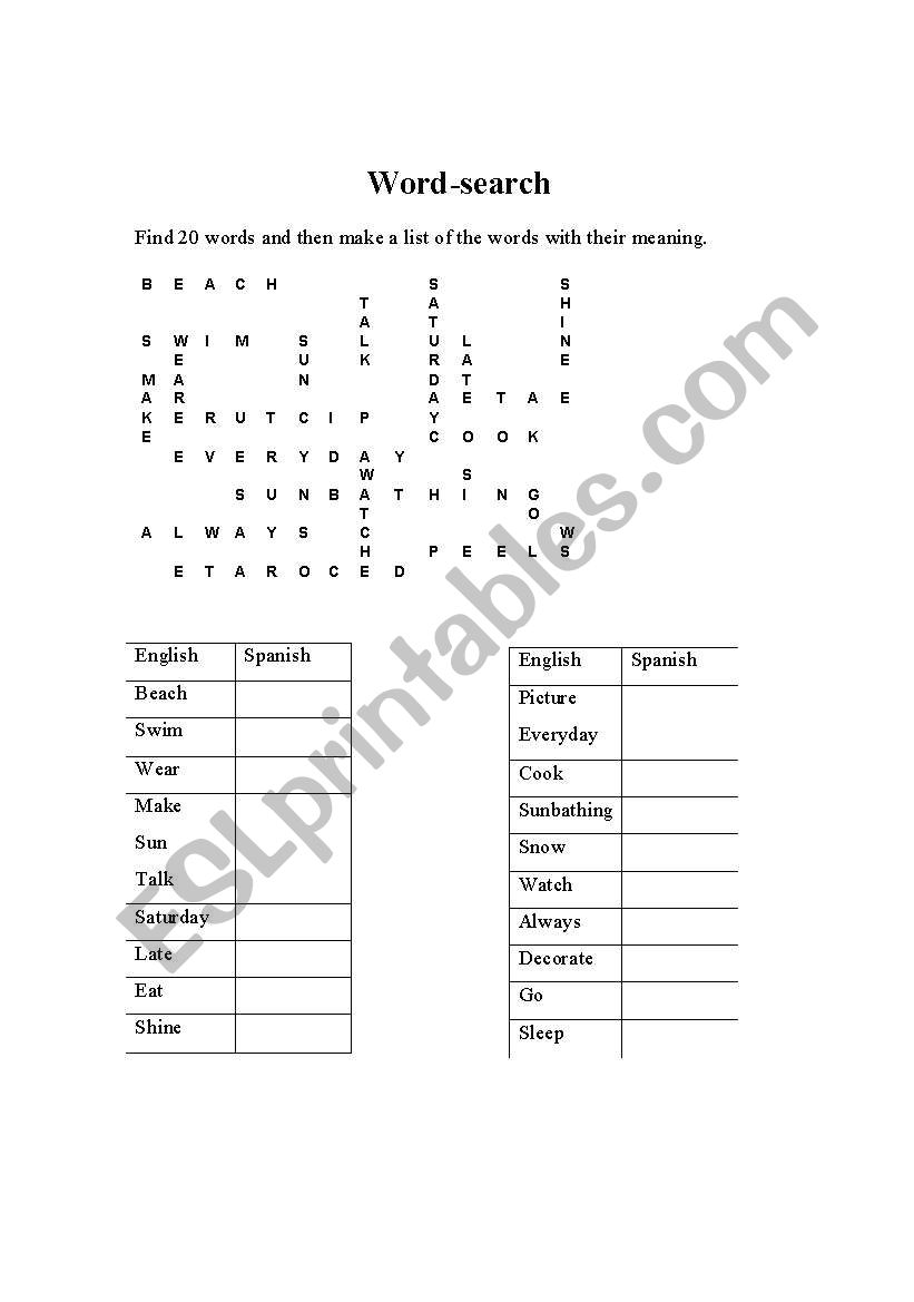 Wordsearch about vocabulary worksheet