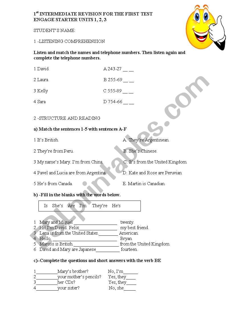 REVISION FOR A TEST  worksheet