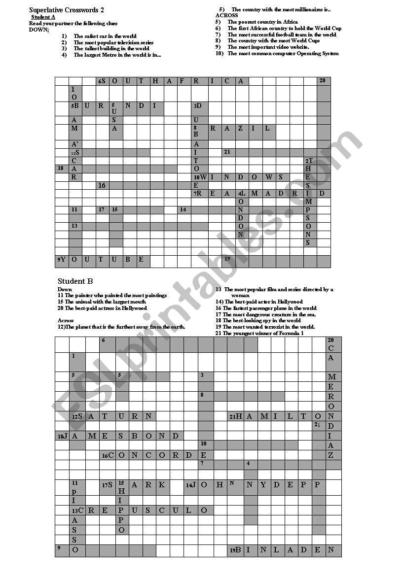 Superlatives crossword 2 worksheet