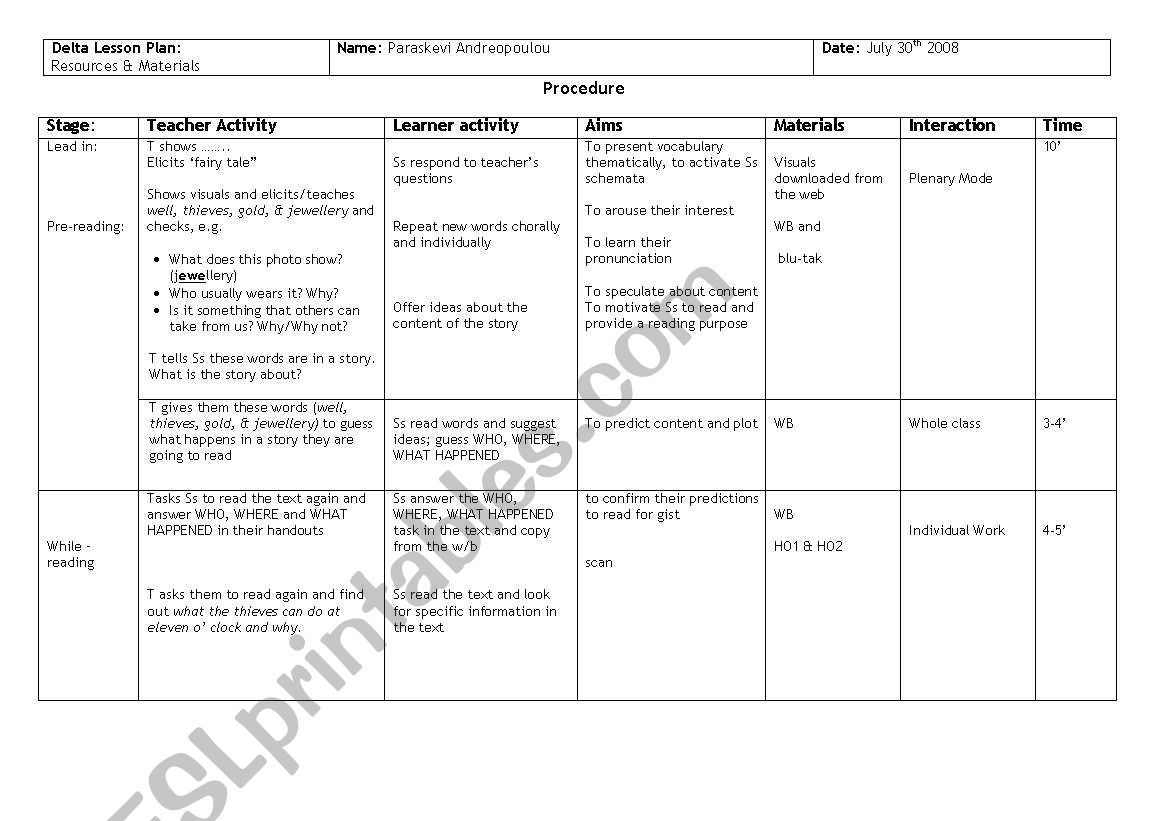 Resources and Materials worksheet