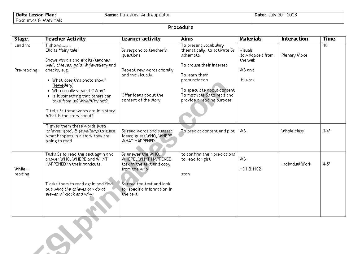 Resources and Materials worksheet