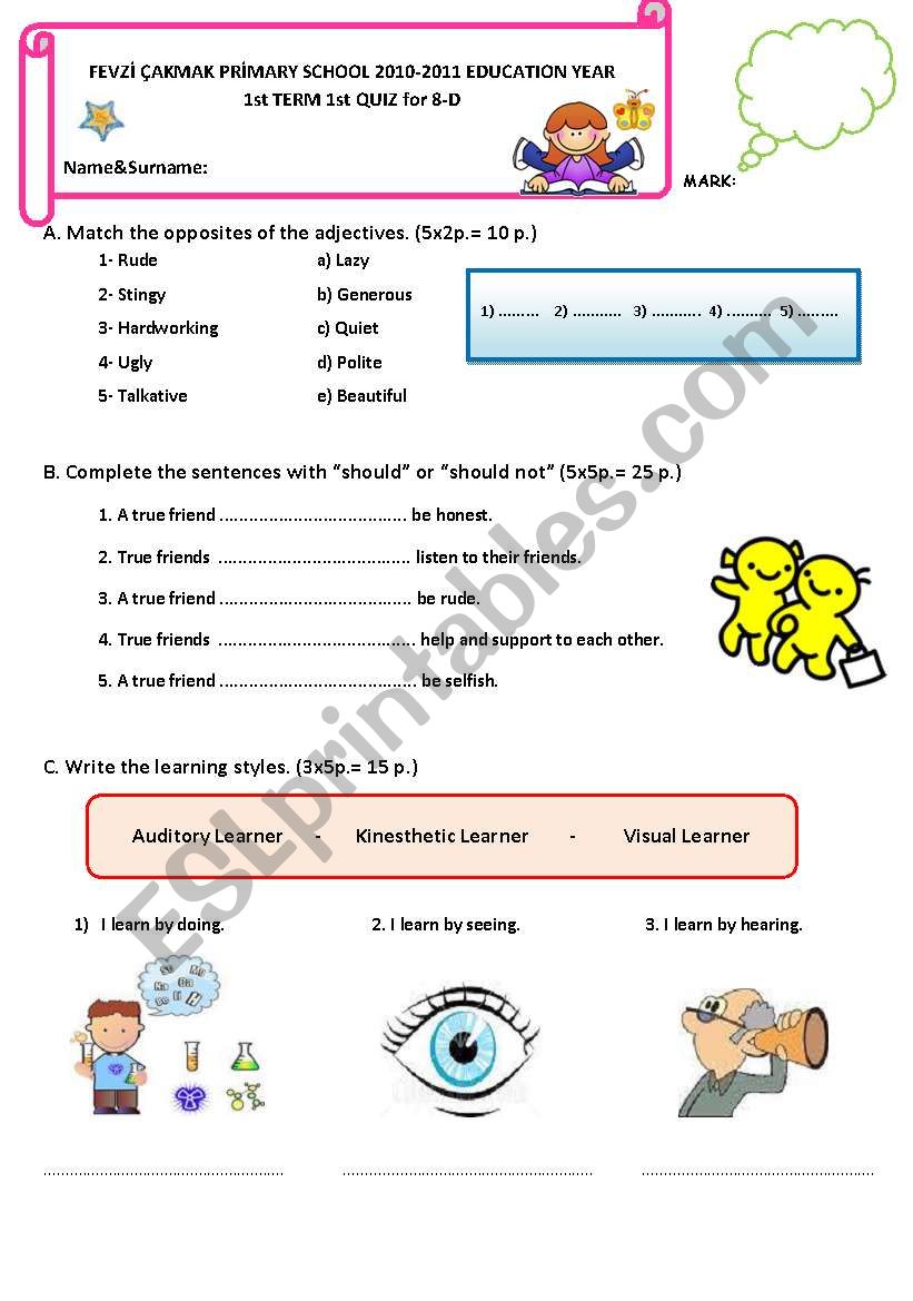 8th Grade QUIZ -1 worksheet