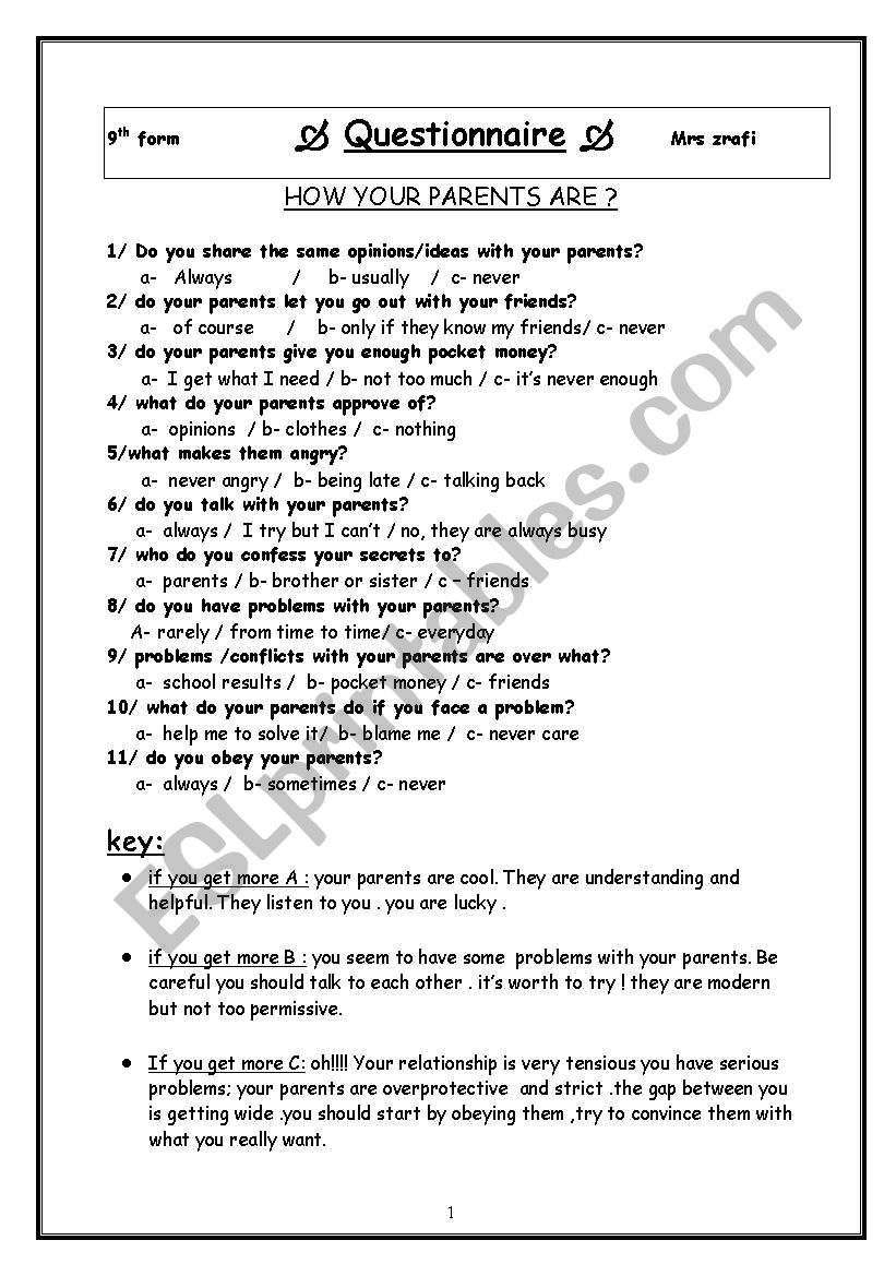 quetionnaire worksheet