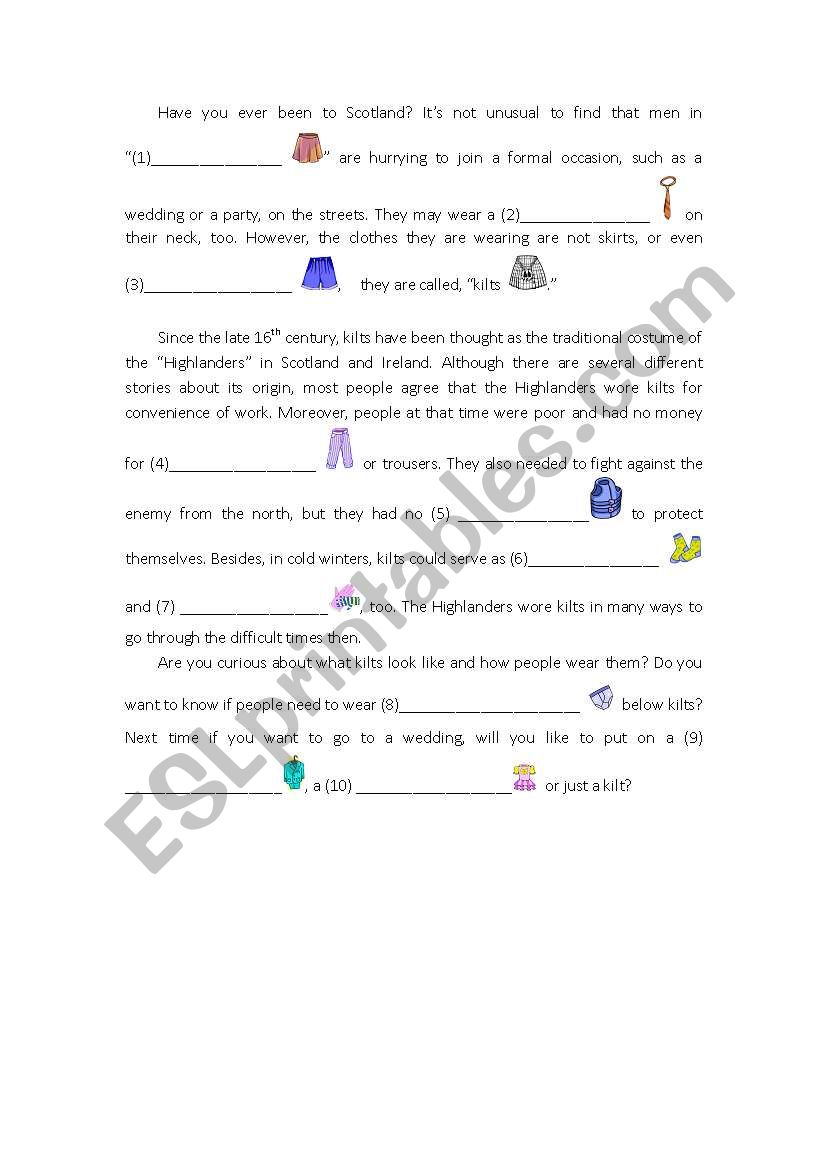 Story of kilt & clothes  worksheet