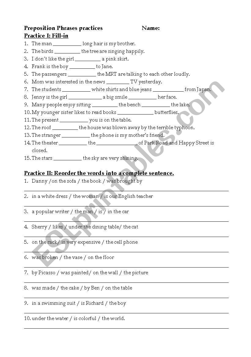 Adjectival Phrase Test worksheet