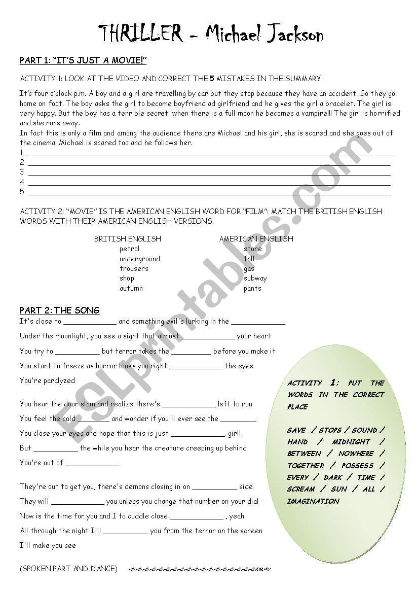 Thriller - Michael jackson worksheet