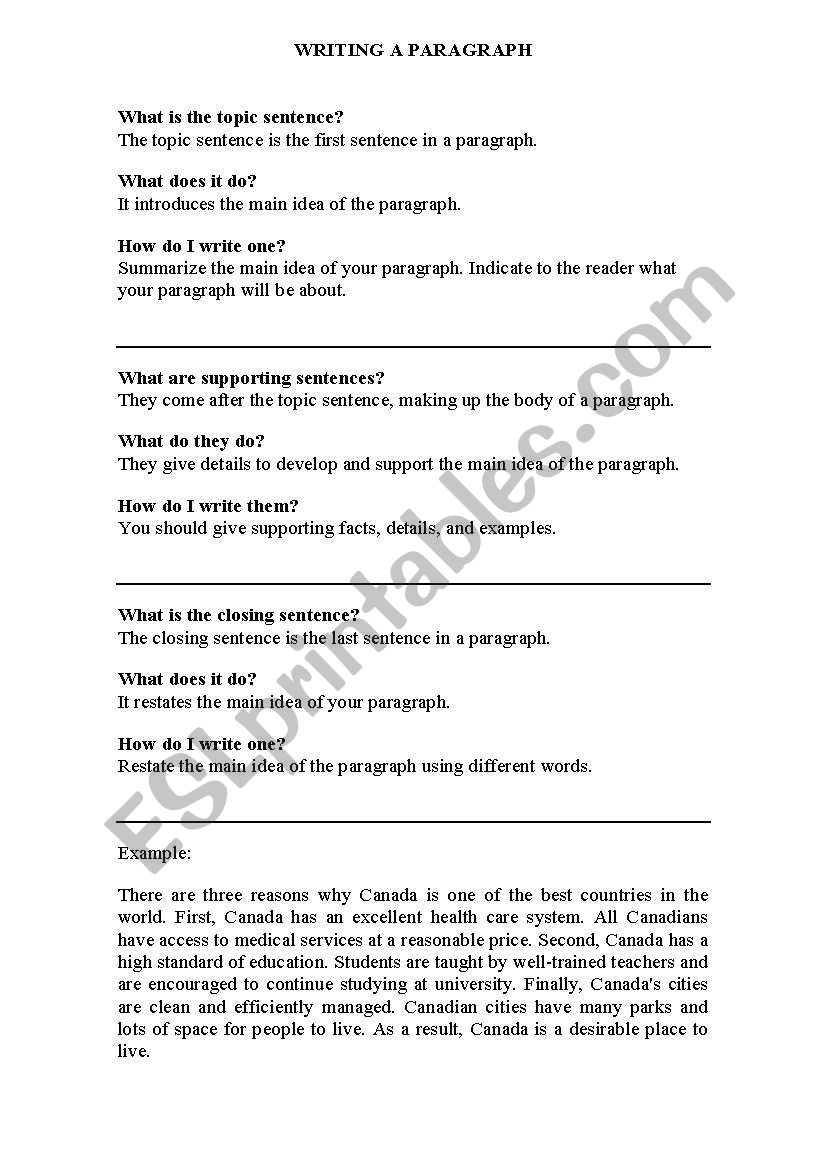 WRITING A PARAGRAPH worksheet