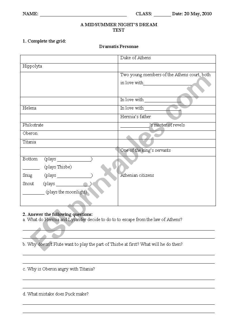 A Midsummer NightÂ´s Dream worksheet