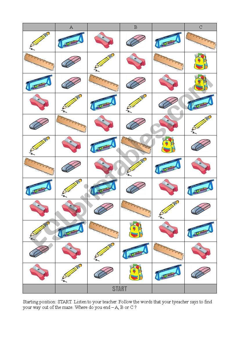 School equipment maze worksheet