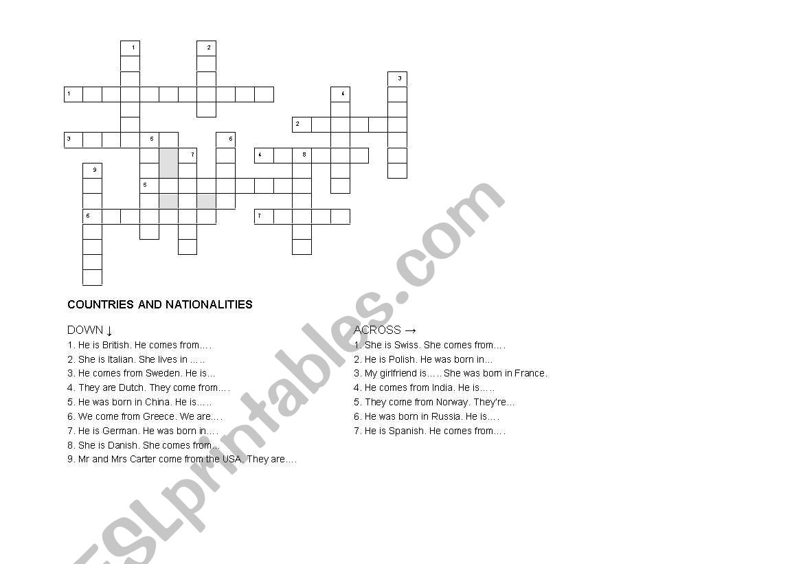 countries and nationalities crossword