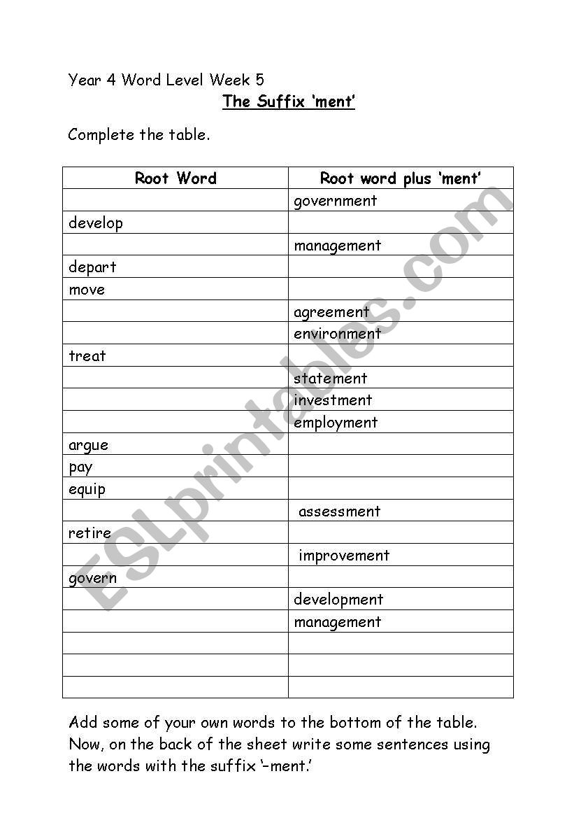 The Suffix Ment worksheet