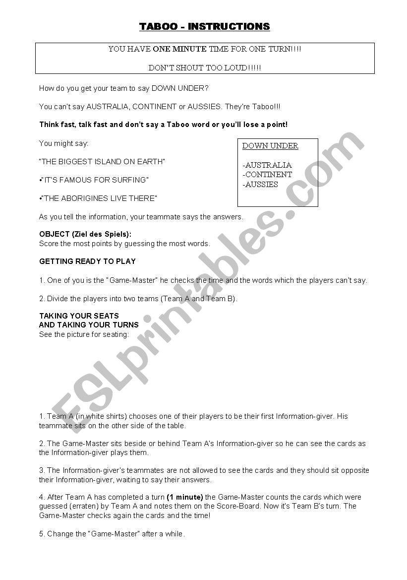 Taboo - Australia- The Rules worksheet