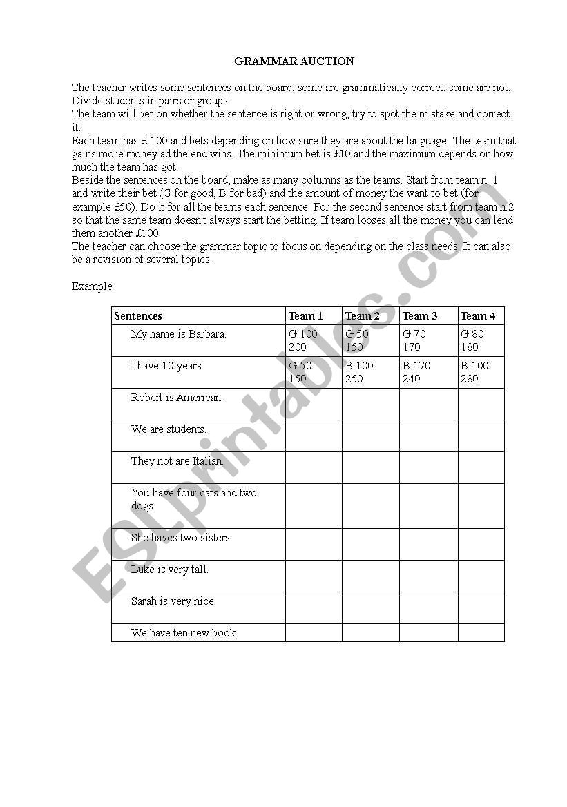 Grammar Auction worksheet