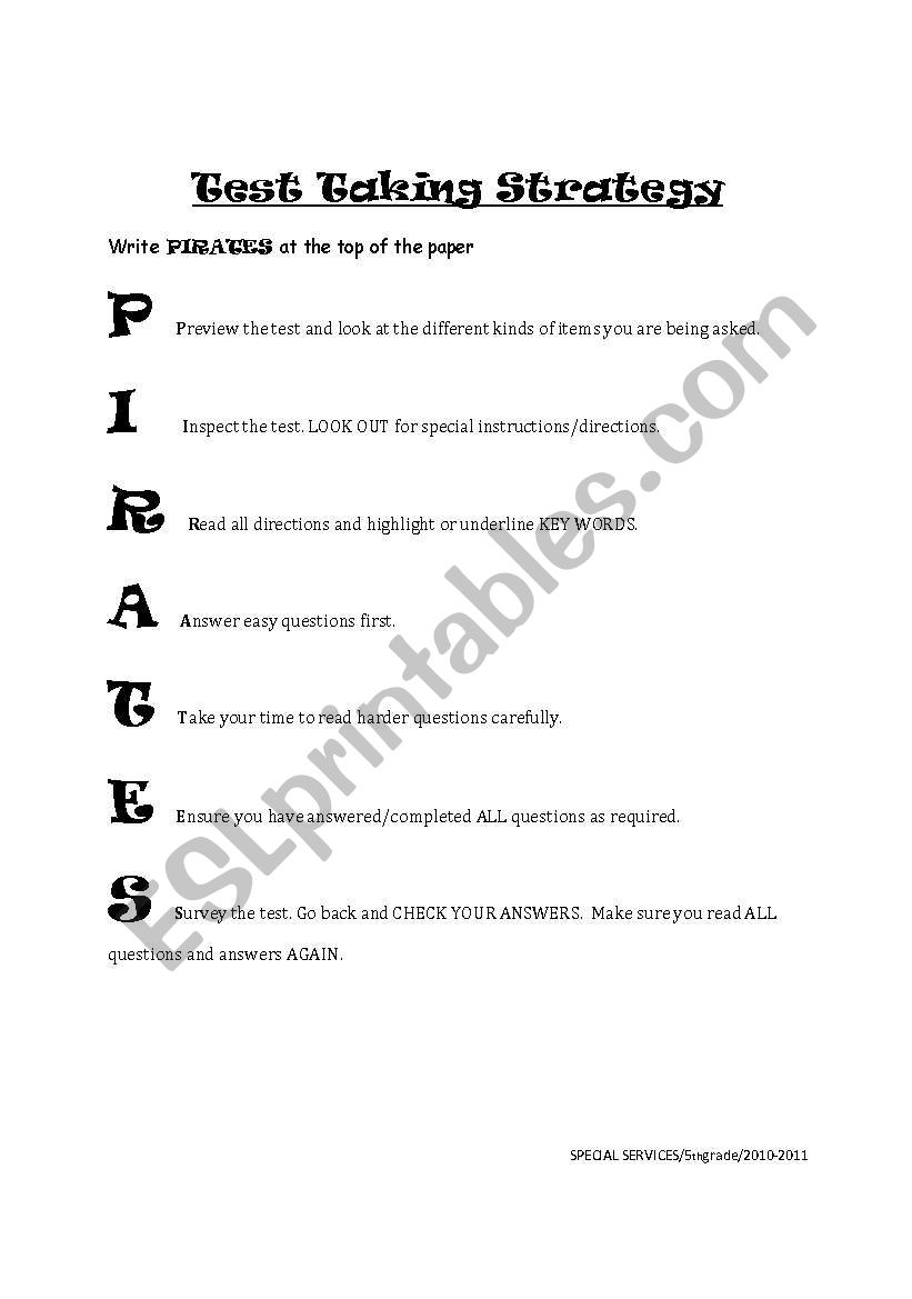 Test taking strategy worksheet