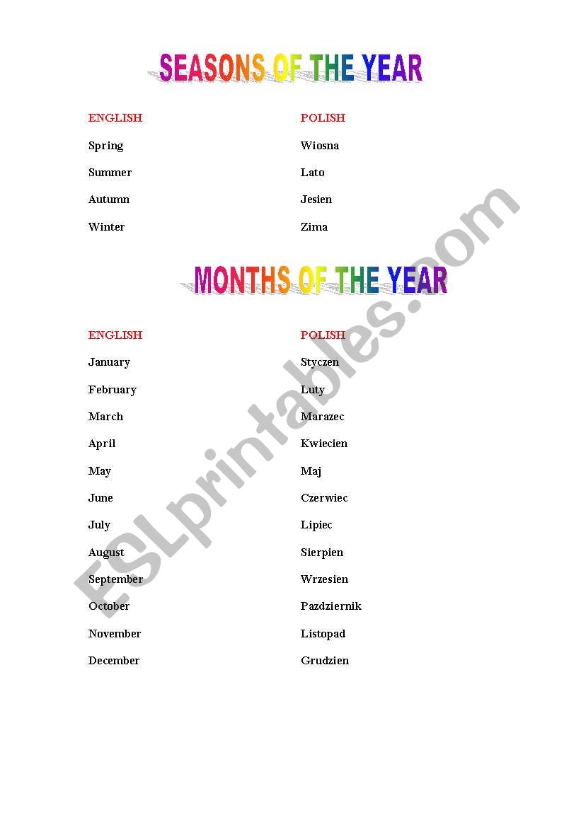 Seasons/Months Of The Year English/Polish