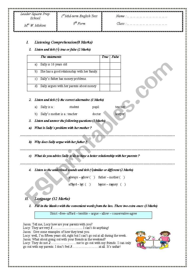 9 th form test worksheet