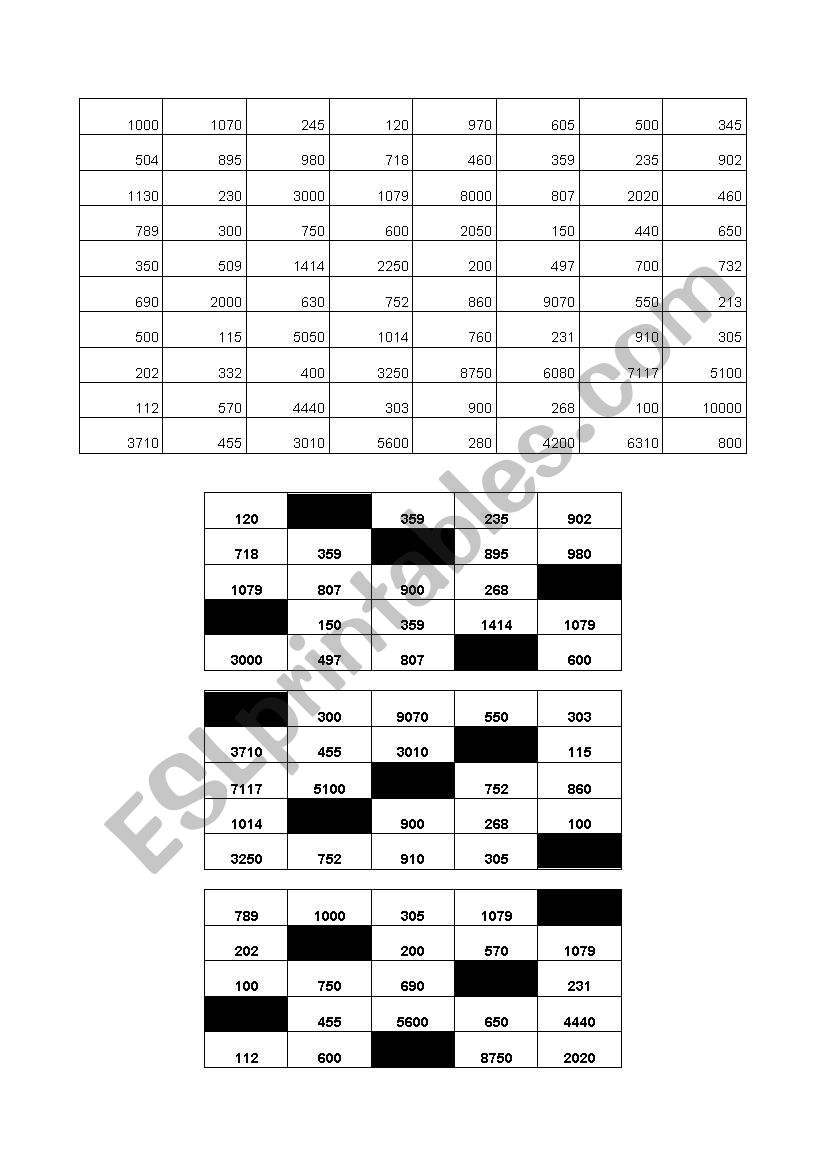 Bingo numers from 100 to 10000